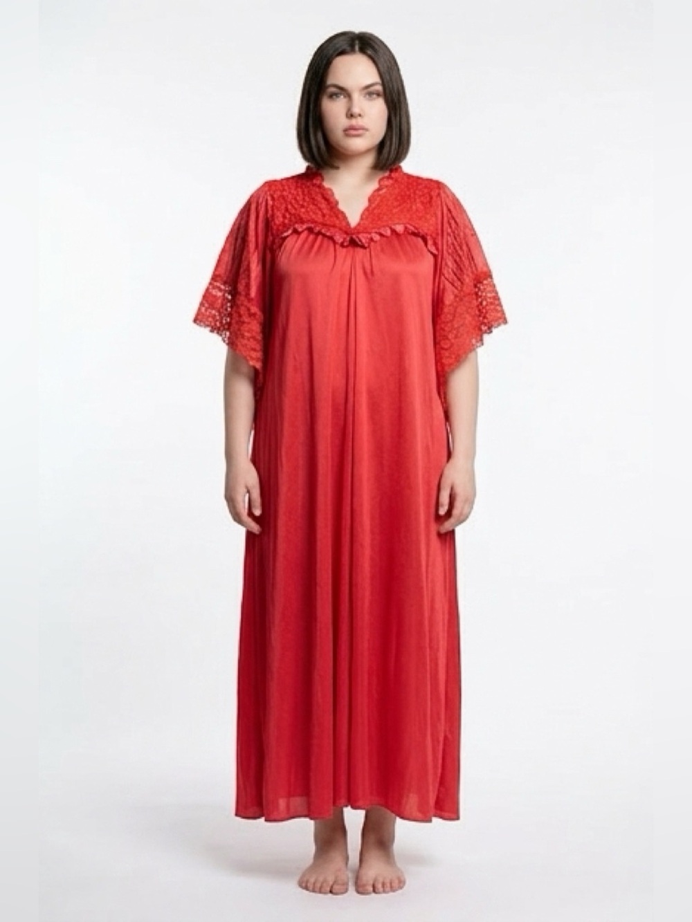 50s/60s Italian Vintage Nylon & Lace Sleeve Maxi Nightgown Slip (Red) XL-2X